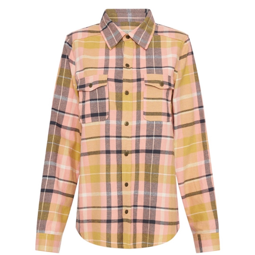 Free People Pink and Mustard Plaid Button-Up Shirt